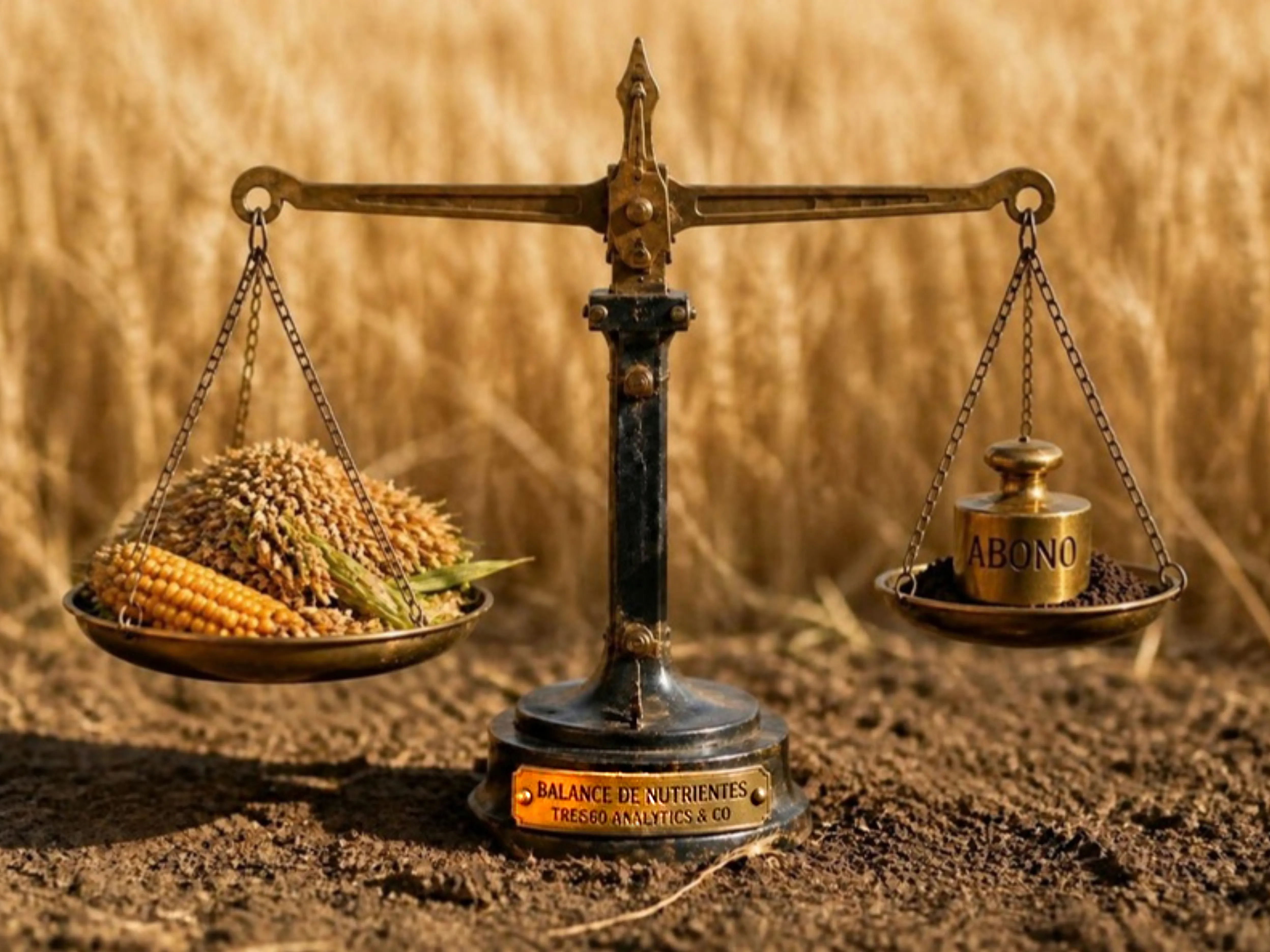 Balanza en equilibrio: el cultivo en un plato, el suelo y la pesa del abono en el otro