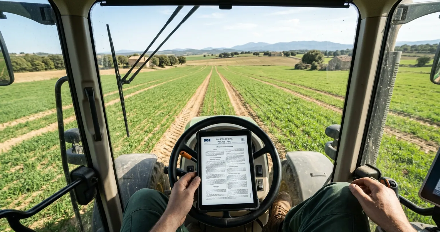 Desde la cabina del tractor, el agricultor consulta el Boletín Oficial del Estado en la tableta